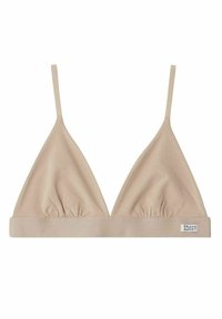 Lichtbeige triangulaire bralette van zachte stof, met dunne bandjes en een band aan de onderkant met een klein merkembleem.