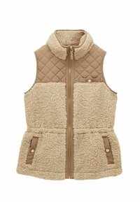 Beez vest, millel on tikandiga disain, pehme šeerlingkangas, lukuga esikülg, kõrge krae ja kaks küljetaskut kuldsete detailidega.