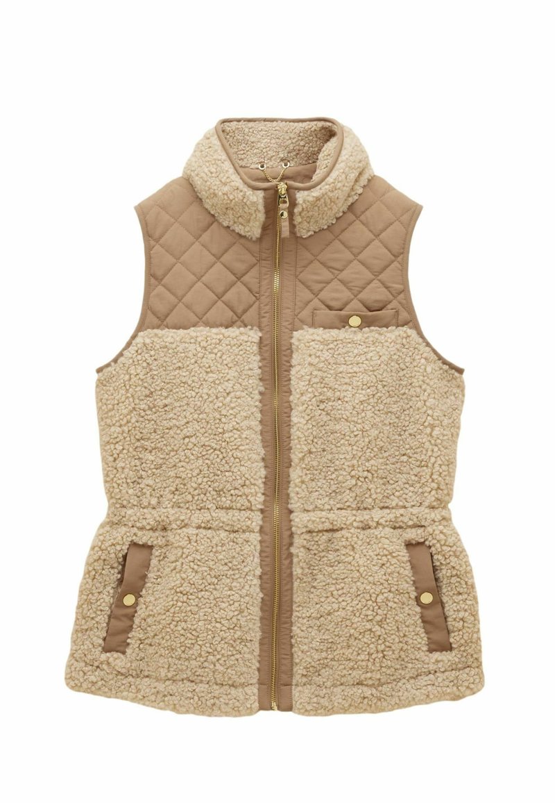 Beez vest, millel on tikandiga disain, pehme šeerlingkangas, lukuga esikülg, kõrge krae ja kaks küljetaskut kuldsete detailidega.