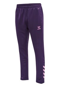 Paarse sportbroek van zacht materiaal, voorzien van een roze logo en chevrondesignaccenten aan de zijkanten. Elastica band voor comfort.