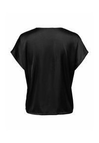 Blouse noire à manches courtes en tissu lisse légèrement brillant avec une coupe ample et carrée vue de dos.