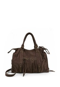 Sac à main en daim marron avec double anses, poche zippée à l'avant, sangles décoratives et une longue bandoulière sur fond blanc.