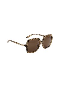 Lunettes de soleil carrées avec une monture en écaille de tortue, des verres marron et des détails en or sur les branches.