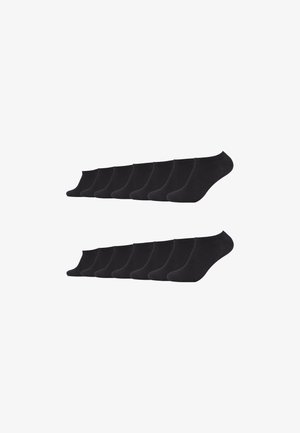 Ensemble de 12 chaussettes noires pour la cheville, fabriquées à partir d'un tissu doux et extensible. Présente un design simple sans motifs ni logos visibles.