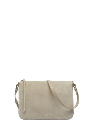 Small beige suede crossbody bag with adjustable strap and zipper closure, embossed with "Liebeskind Berlin" logo on front.