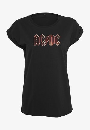 Black cotton t-shirt with rolled sleeves featuring a metallic red and silver AC/DC logo in a bold, angular font across the front.