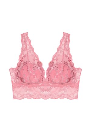 Bralette rosa de encaje con bordado floral, tirantes anchos con borde festoneado y una banda de encaje con borde festoneado debajo del busto.