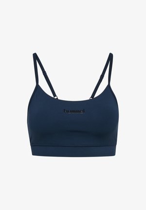 Marineblauer Sport-BH mit dünnen, verstellbaren Trägern und dem "hummel"-Logo mittig auf der Vorderseite.