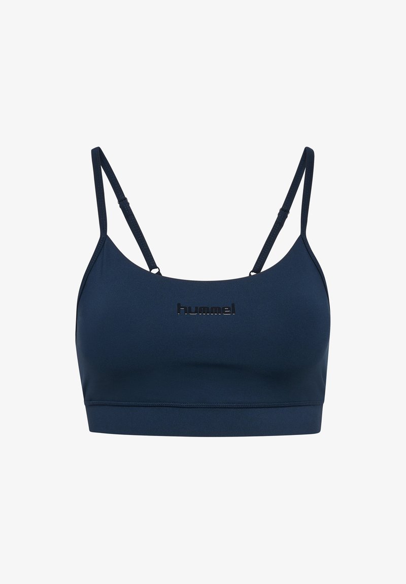 Marineblauer Sport-BH mit dünnen, verstellbaren Trägern und dem "hummel"-Logo mittig auf der Vorderseite.