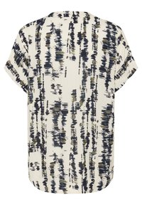 Blouse à manches courtes en tissu crème avec un motif abstrait texturé en bleu marine et vert olive. Ourlet arrondi avec une coupe décontractée.