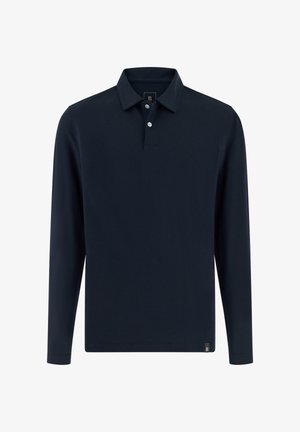 Polo a maniche lunghe blu navy con collo, due bottoni bianchi e piccola etichetta con logo sull'orlo inferiore su sfondo semplice.