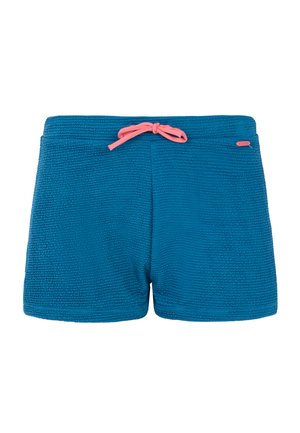 Shorts en tissu éponge bleu avec une surface texturée, dotés d'un cordon de serrage rose et d'un petit logo sur le côté. Confortables à porter.