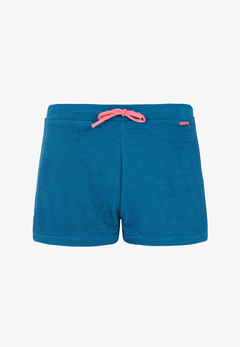 Modré froté šortky s textúrovaným povrchom, s ružovým šnúrkou na stiahnutie a malým logom na boku. Pohodlný strih.