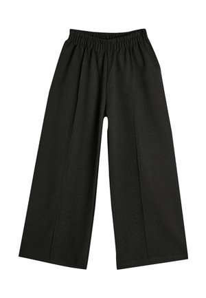 Schwarze weit geschnittene Hose mit elastischem Bund, aus einem glatten Stoff gefertigt, mit einem fließenden Design und sauberen Nähdetails.