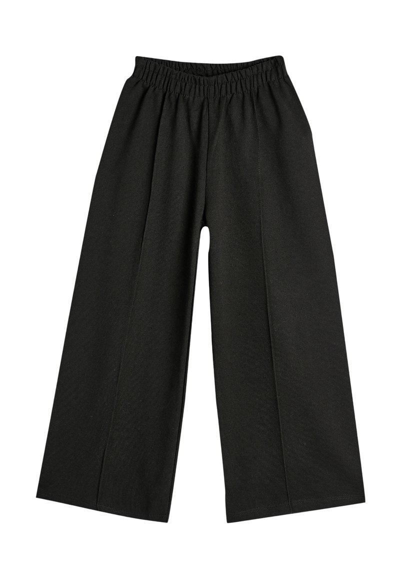 Zwarte wijde broek met een elastische tailleband, gemaakt van een glanzende stof, met een vloeiende ontwerp en nette stikdetails.