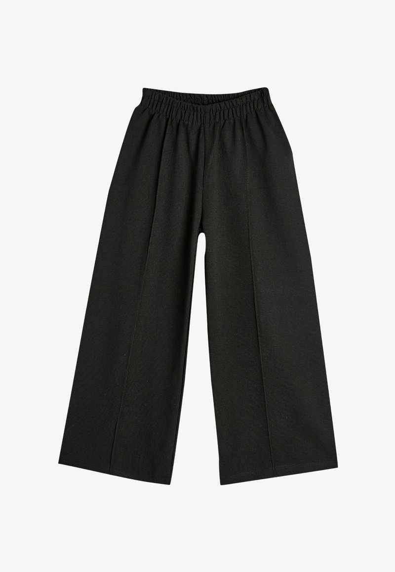 Czarne spodnie wide-leg z elastycznym pasem, wykonane z gładkiego materiału, o swobodnym kroju i starannych detalach szycia.