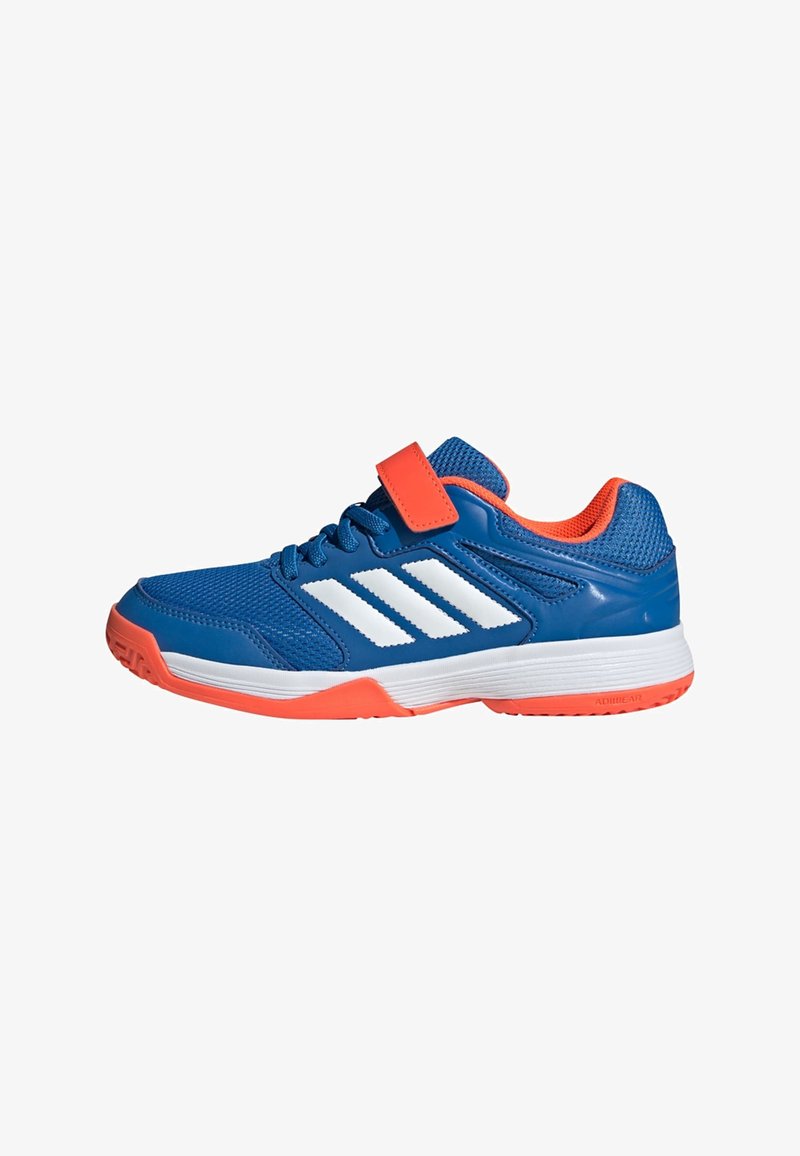 Blue athletic shoes with a mesh upper and white stripes. Features an orange strap, orange accents, and a textured rubber sole.