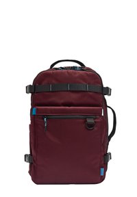 Bordowy plecak z niebieskimi akcentami, wyposażony w wyściełane szelki, przednią kieszeń na zamek oraz regulowane boczne klamry, wykonany z trwałego materiału.