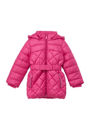 Veste enrose rembourrée avec capuche, taille cintrée, motif en losanges, et deux poches latérales zippées ; présente des poignets côtelés pour plus de chaleur.