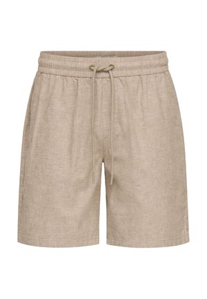 Shorts en lin beige avec taille élastique, cordon de serrage ajustable et poches latérales, présentés à plat sur un fond blanc.
