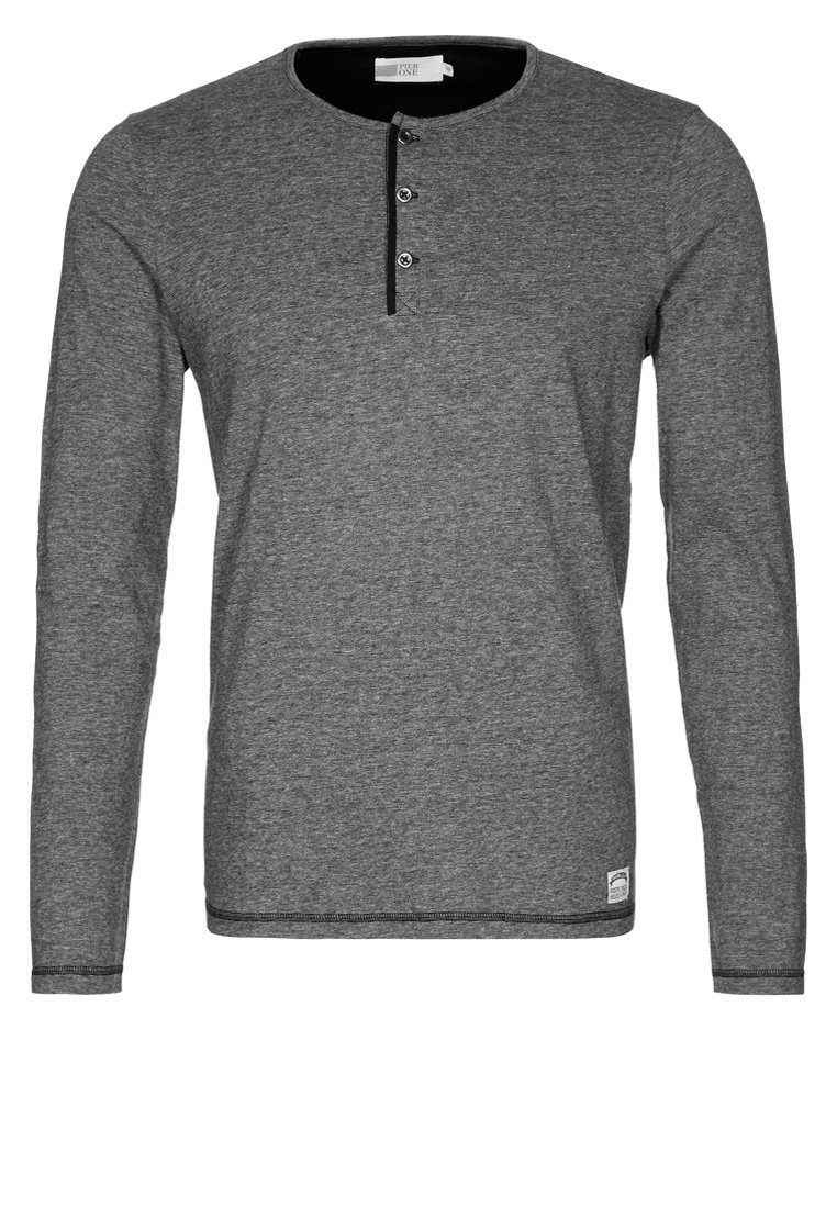 Šedá dlouhá halenka henley vyrobená z měkké tkaniny. Obsahuje tři černé knoflíky a kontrastní černé detaily na výstřihu a lemování.