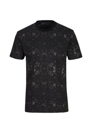 Schwarzes Kurzarm-T-Shirt mit dezenten dunkelgrauen Blumen- und geometrischen Mustern, die Front und Ärmel gleichmäßig bedecken.