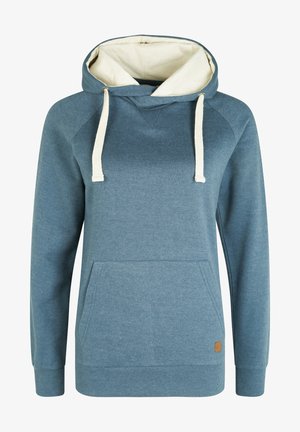 Hanorac albastru cu glugă căptușită în crem, șnururi de ajustare și buzunar frontal. Prezintă manșete și tiv zimțate, fabricat dintr-un material moale și texturat.