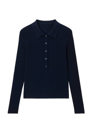 Polo à manches longues bleu marine avec une texture côtelée, un col classique et une patte à cinq boutons. Ourlet droit sans accents supplémentaires.