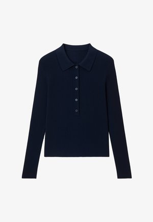 Polo à manches longues bleu marine avec une texture côtelée, un col classique et une patte à cinq boutons. Ourlet droit sans accents supplémentaires.