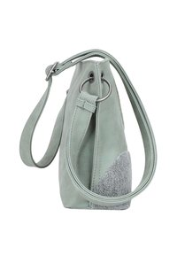 Borsa verde menta con una texture morbida, caratterizzata da un accento tessile grigio e hardware circolare. Design compatto con una lunga tracolla per indossarla a spalla o a tracolla.