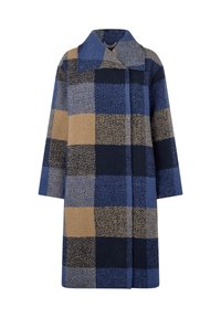 Uldblandingsfrakke med et ternet mønster i navy, blå og brun, med en bred krave og faldne skuldre. Lige snit og mellemlang.