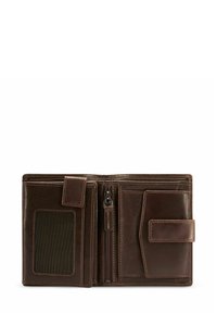 Brązowy skórzany portfel z zapinanym na zamek przegródką, licznymi miejscami na karty, przezroczystym okienkiem na identyfikator oraz zapięciem na zatrzask. Gładka faktura z kontrastującym przeszyciem.