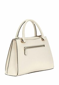 Borsa a mano strutturata in pelle con due manici arrotondati, una tasca frontale con zip, hardware in tono oro e bordi neri. Finitura in pelle liscia.