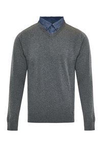 Maglione grigio a maglia con scollatura a V e maniche lunghe, con un colletto simile al denim. Texture morbida e polsini e orlo a coste.