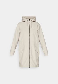 Manteau imperméable beige avec capuche, fermeture éclair à l'avant et deux grandes poches. Comprend des poignets élastiques et un cordon de serrage pour un ajustement personnalisé.
