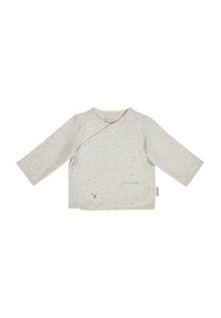 Helles graues Wickelbabyshirt mit langen Ärmeln, gesprenkelter Textur, einer kleinen Tasche und einem Bärenkopf-Detail auf der Tasche.