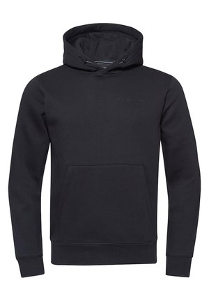 Sudadera negra con capucha, hecha de una tela suave, que cuenta con un bolsillo canguro en la parte frontal, puños acanalados y un logotipo sutil en el pecho.