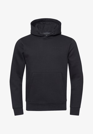 Czarna bluza z kapturem wykonana z miękkiego materiału, z przednią kieszenią typu kangurka, ściągaczami na rękawach oraz delikatnym logo na piersi.