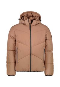 Tan pufferjack met een capuchon, voorzien van een ritssluiting aan de voorkant, twee zijzakken en een chevrontimperdesign. Gestructureerde stof met elastische manchetten.