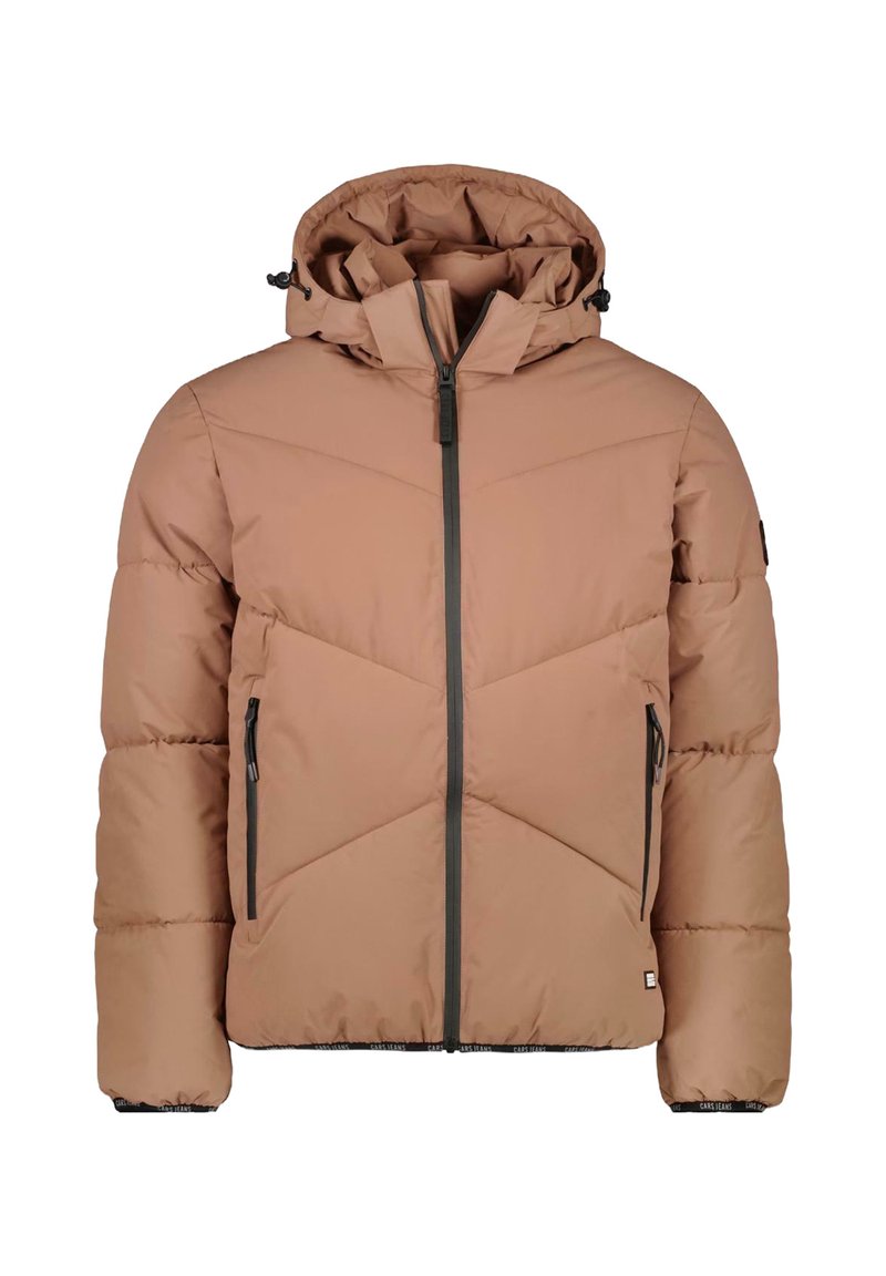 Tan pufferjack met een capuchon, voorzien van een ritssluiting aan de voorkant, twee zijzakken en een chevrontimperdesign. Gestructureerde stof met elastische manchetten.