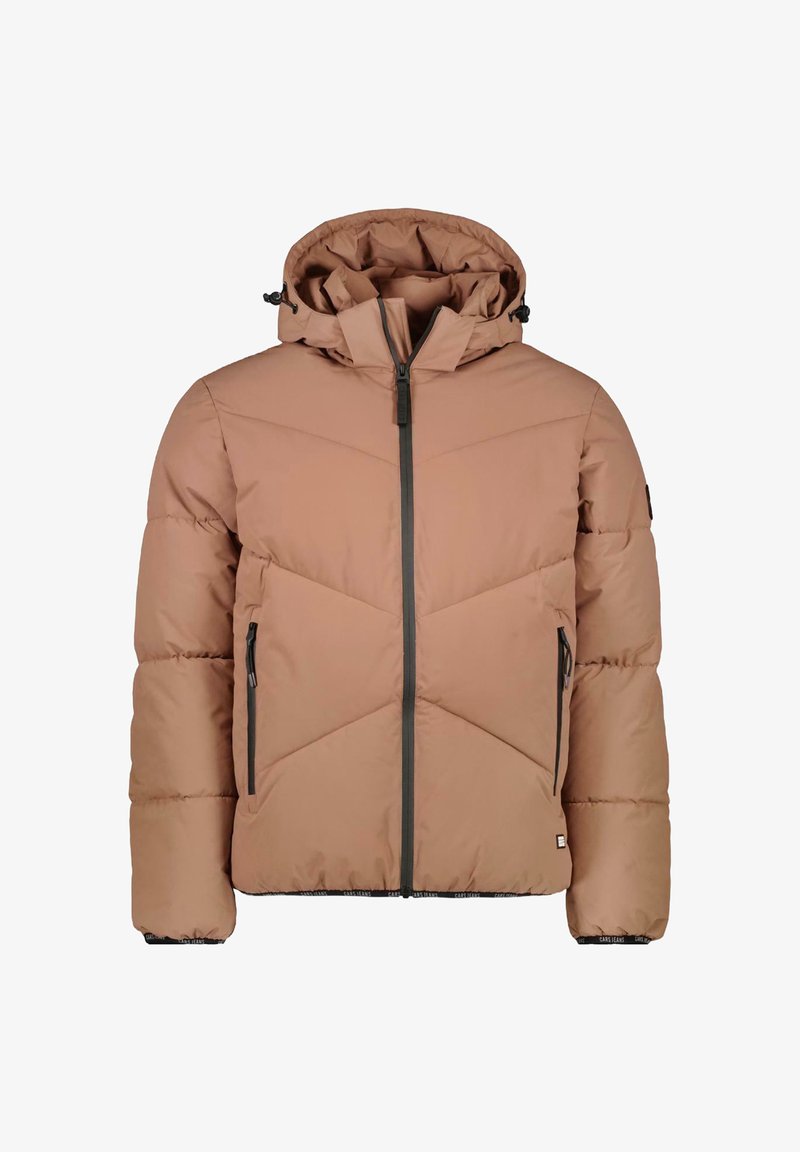 Tan pufferjack met een capuchon, voorzien van een ritssluiting aan de voorkant, twee zijzakken en een chevrontimperdesign. Gestructureerde stof met elastische manchetten.