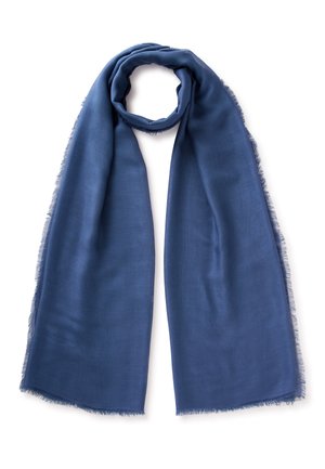 Lunga sciarpa rettangolare blu con bordi sfrangiati, arrotolata leggermente in alto, esposta su uno sfondo bianco.