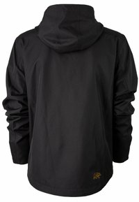 Schwarze Jacke mit Kapuze, gefertigt aus einem glatten, wasserabweisenden Material. Sie verfügt über elastische Bündchen und ein goldenes, geometrisches Bärenlogo nahe dem Saum.