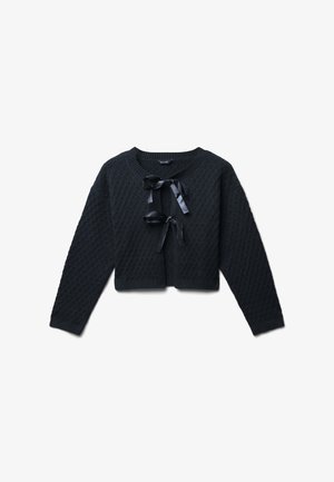 Schwarze gestrickte cropped Strickjacke mit langen Ärmeln und zwei satinartigen Schleifen auf der Vorderseite zum Schließen.