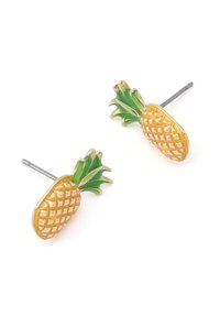 Pineapple-shaped stud earrings in yellow and green enamel with a shiny finish; silver metal posts; textured surface and grid pattern.