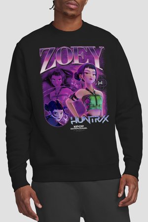 Sweatshirt with purple-toned graphic of three animated female characters, text "ZOEY" and "HUNTR/X," and "KPOP DEMON-HUNTERS" below.