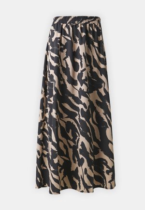 Jupe longue noire et beige avec une taille élastique, présentant un motif imprimé animal abstrait et une silhouette fluide.