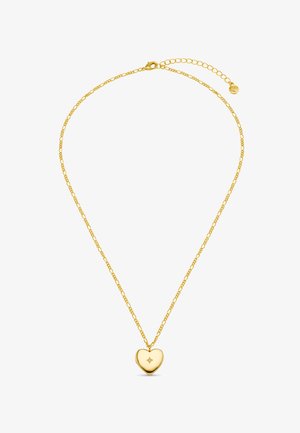 Zlati pendant v obliki srca na tankem povezovalnem verižici. Ima polirano površino in majhen osrednji poudarek. Verižica vključuje nastavljiv zaponko.