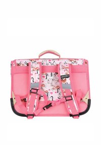 Roze rugzak met een patroon van paarden en harten. Heeft verstelbare schouderbanden, een handvat bovenop en mesh details. Duurzaam materiaal.