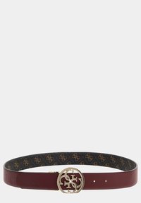 Cintura in pelle bordeaux con fibbia logo dorata; reversibile con interno a motivi neri e marroni che presenta un design logo ripetuto.